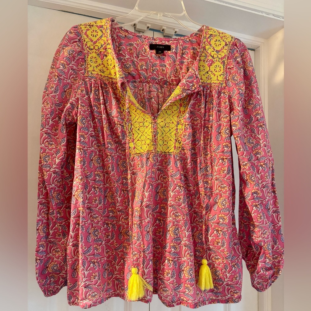 JCREW Women’s Pink Long-Sleeve Smocked Yoke Top
